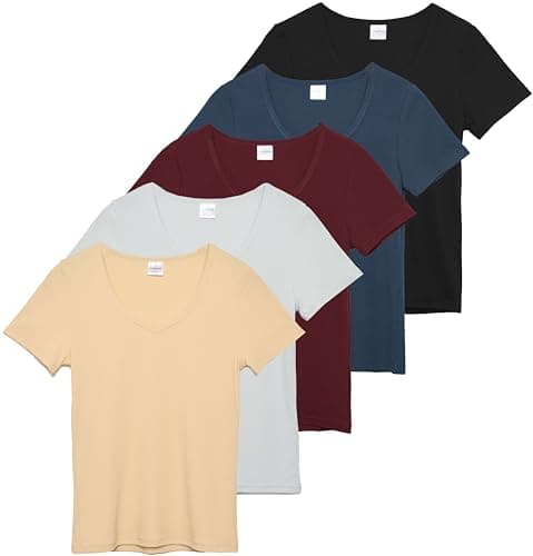 Real Essentials 5 Pack Women's Soft Ribbed V-Neck Tee Summer Shirt