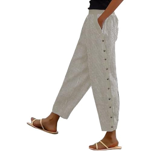Generic Women's Straight Leg Stripe Cotton Linen Pants