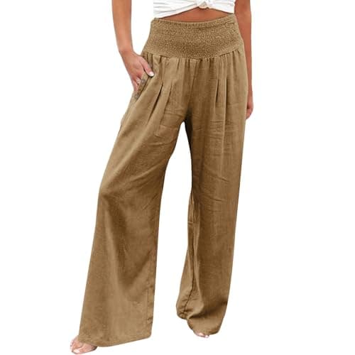 GOKKILRW Women's Linen Palazzo Pants Wide Leg High Waist Boho Summer Travel Trouser