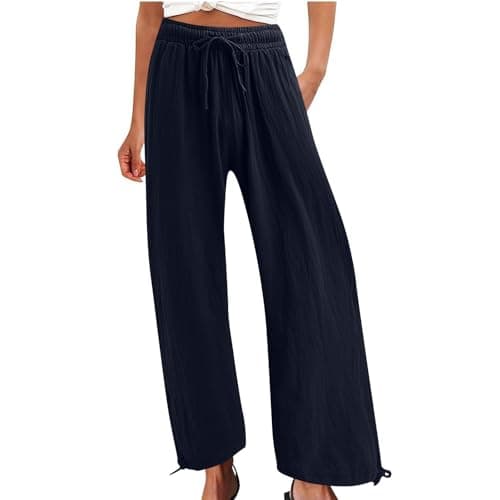Summer Women's Linen Wide Leg Drawstring Pants with Pockets