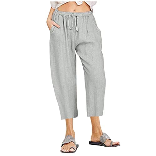 Itsame Women's Summer Cotton Linen Drawstring Capri Pants