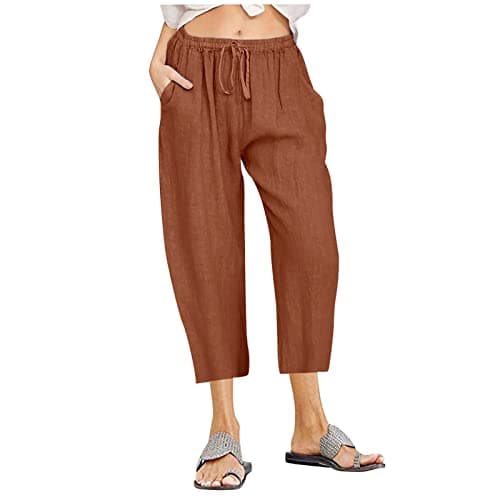 Itsame Women's Summer Cotton Linen Drawstring Capri Pants