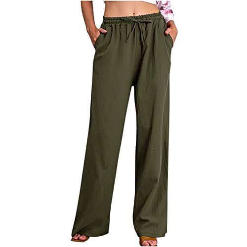 Yxzogd Women's Wide Leg Elastic Drawstring Linen Pants with Pockets