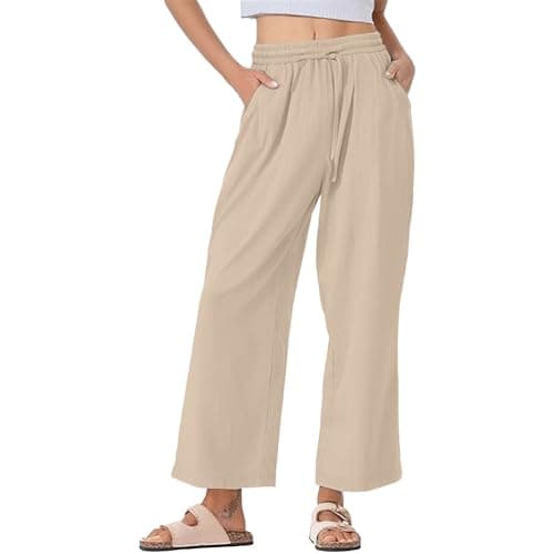Trendy Women's Wide Leg Linen Pants with Elastic Waistband