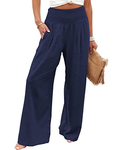 GLIENST Women's High Waisted Smocked Linen Palazzo Pants with Pockets S-2XL