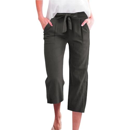 Cotton Linen Straight Wide Leg Pants for Women Elastic Waist Cropped Trousers