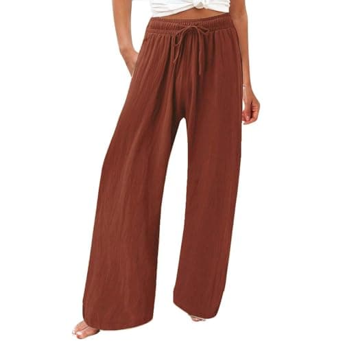 Womens Elastic High Waisted Boho Linen Palazzo Pants with Pockets