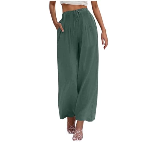 Yxzogd Women's Wide Leg Linen Pants with Pockets High Waist Drawstring Casual Fit