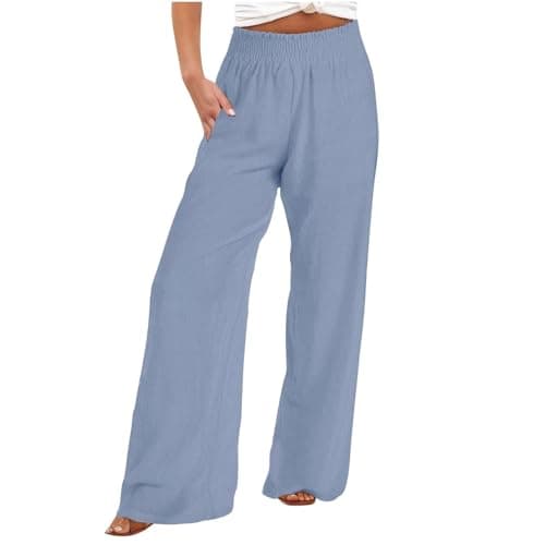 DASAYO Smocked High-Waisted Linen Palazzo Pants with Pockets