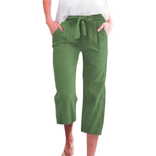 Cotton Linen Straight Wide Leg Pants for Women Elastic Waist Cropped Trousers