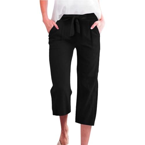 Cotton Linen Straight Wide Leg Pants for Women Elastic Waist Cropped Trousers