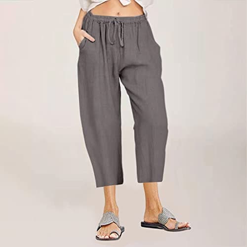 Itsame Women's Summer Cotton Linen Drawstring Capri Pants