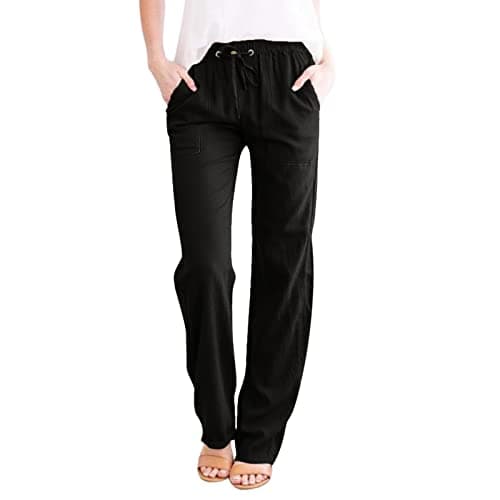 DINEVE High-Waisted Drawstring Joggers - Plus Size Wide Leg Linen Pants