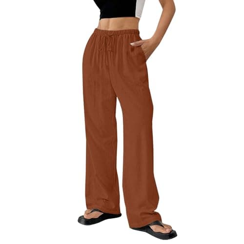 DINEVE Women's Summer Wide Leg High Waist Drawstring Pants Plus Size Linen Lounge