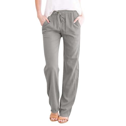 DINEVE High-Waisted Drawstring Joggers - Plus Size Wide Leg Linen Pants