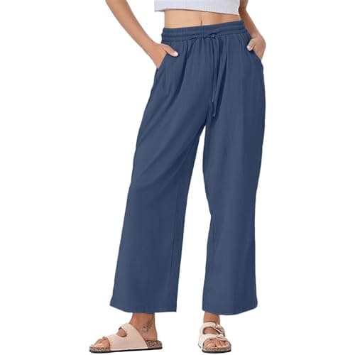 Trendy Women's Wide Leg Linen Pants with Elastic Waistband