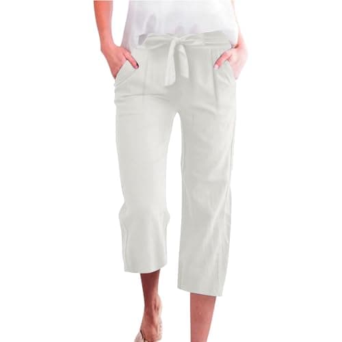 Cotton Linen Straight Wide Leg Pants for Women Elastic Waist Cropped Trousers