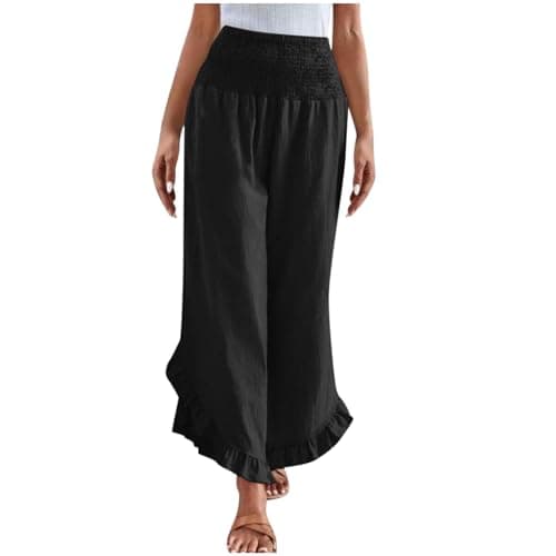 Yxzogd Women's Stretch Smocked Wide Leg Linen Palazzo Pants Ruffle Hem Summer Trousers