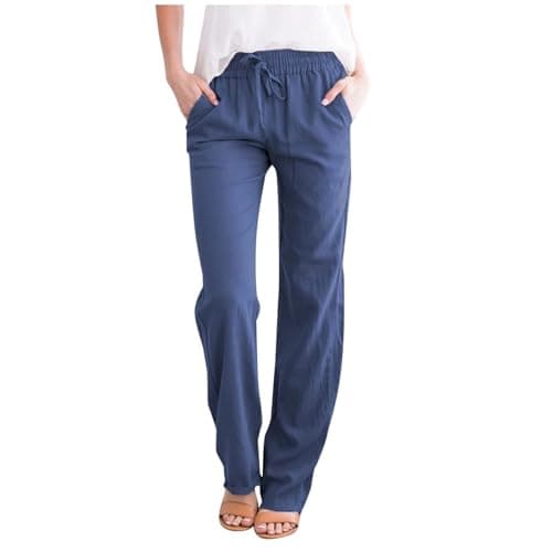 DINEVE High-Waisted Drawstring Joggers - Plus Size Wide Leg Linen Pants