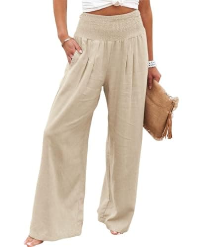 GLIENST Women's High Waisted Smocked Linen Palazzo Pants with Pockets S-2XL