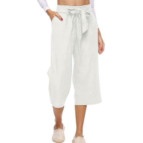 Cotton Linen Straight Wide Leg Pants for Women Elastic Waist Cropped Trousers