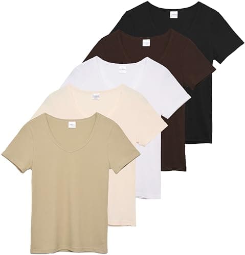 Real Essentials 5 Pack Women's Soft Ribbed V-Neck Tee Summer Shirt