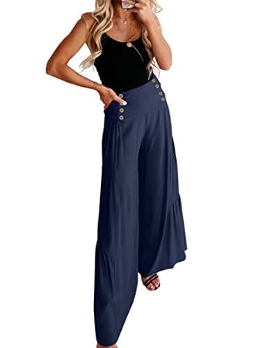 Womens Cotton Palazzo Wide Leg Pants with Pockets and Belt