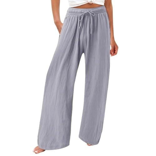 Womens Elastic High Waisted Boho Linen Palazzo Pants with Pockets