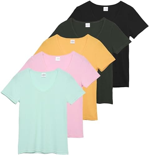 Real Essentials 5 Pack Women's Soft Ribbed V-Neck Tee Summer Shirt