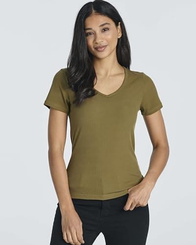 Real Essentials 5 Pack Women's Soft Ribbed V-Neck Tee Summer Shirt