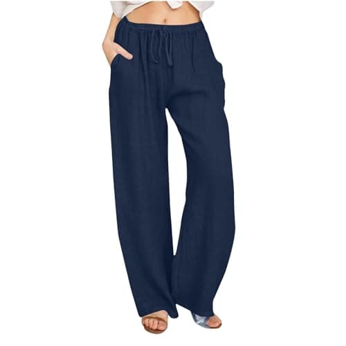 Yxzogd Women's Wide Leg Elastic Drawstring Linen Pants with Pockets