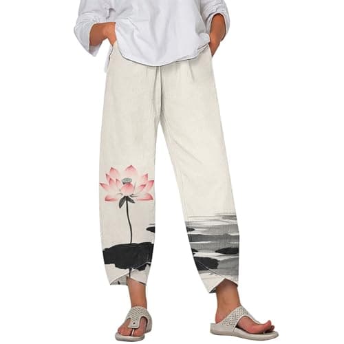 HOTYD Japanese Linen Pants for Women Summer Baggy Capri Trouser with Pockets