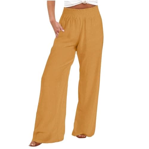 DASAYO Smocked High-Waisted Linen Palazzo Pants with Pockets