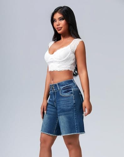 Rosswear Women's Stretchy Wide Leg High-Waisted Frayed Hem Jean Shorts