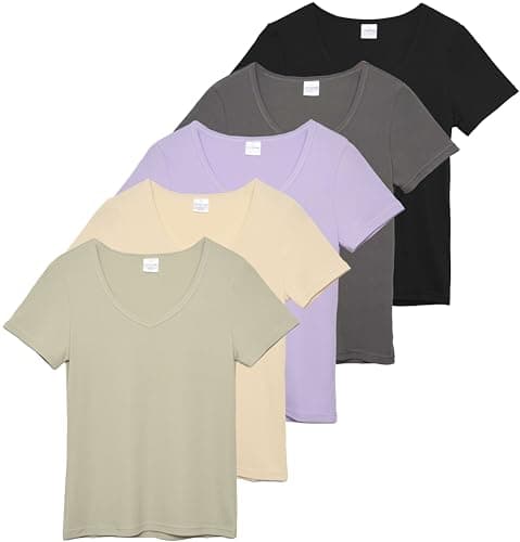 Real Essentials 5 Pack Women's Soft Ribbed V-Neck Tee Summer Shirt