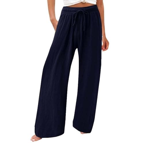 Womens Elastic High Waisted Boho Linen Palazzo Pants with Pockets