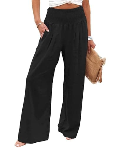 GLIENST Women's High Waisted Smocked Linen Palazzo Pants with Pockets S-2XL