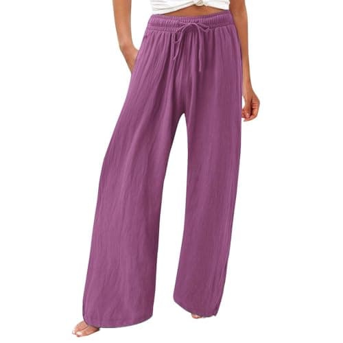 Womens Elastic High Waisted Boho Linen Palazzo Pants with Pockets