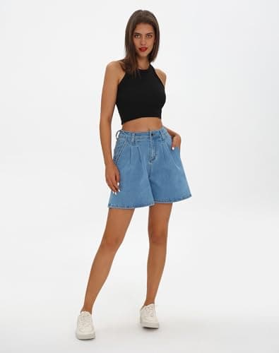Rosswear Women's High-Waisted Wide Leg Denim Stretch Jean Shorts