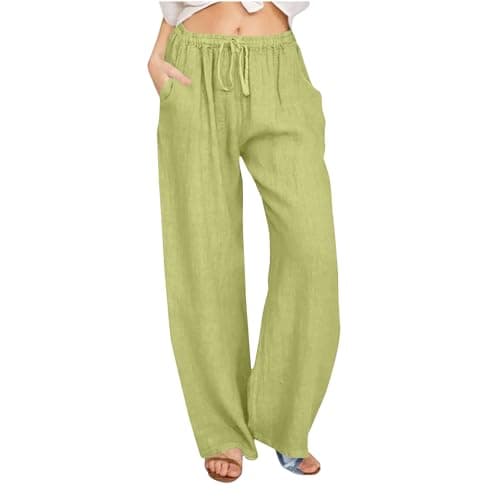 Yxzogd Women's Wide Leg Elastic Drawstring Linen Pants with Pockets
