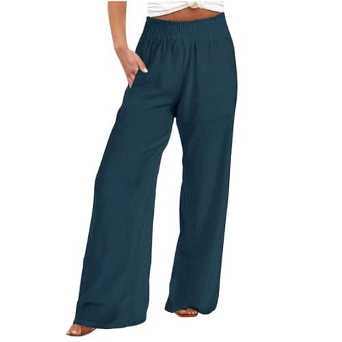 DASAYO Smocked High-Waisted Linen Palazzo Pants with Pockets