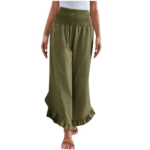 Yxzogd Women's Stretch Smocked Wide Leg Linen Palazzo Pants Ruffle Hem Summer Trousers