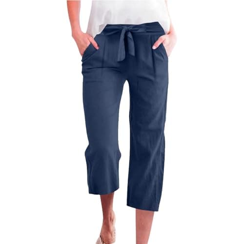 Cotton Linen Straight Wide Leg Pants for Women Elastic Waist Cropped Trousers