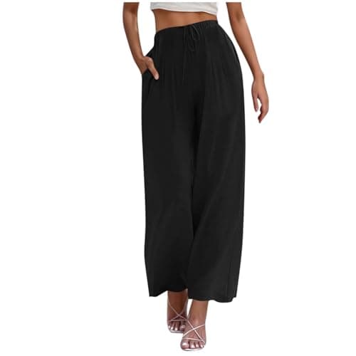Yxzogd Women's Wide Leg Linen Pants with Pockets High Waist Drawstring Casual Fit