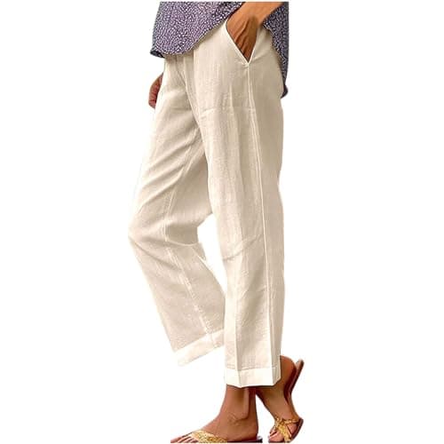 2024 Women's High Waisted Crop Linen Pants Solid Comfy Casual