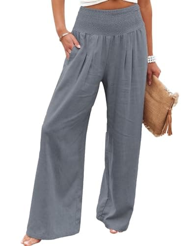 GLIENST Women's High Waisted Smocked Linen Palazzo Pants with Pockets S-2XL