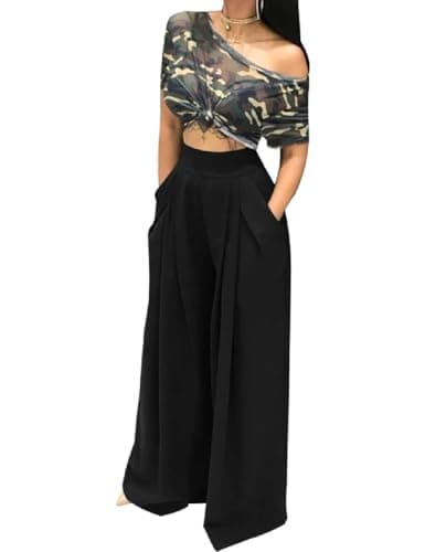 Adilaca Women's Wide Leg Pants - Flowy High Waisted Casual Palazzo