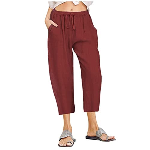 Itsame Women's Summer Cotton Linen Drawstring Capri Pants