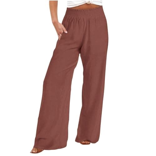 DASAYO Smocked High-Waisted Linen Palazzo Pants with Pockets
