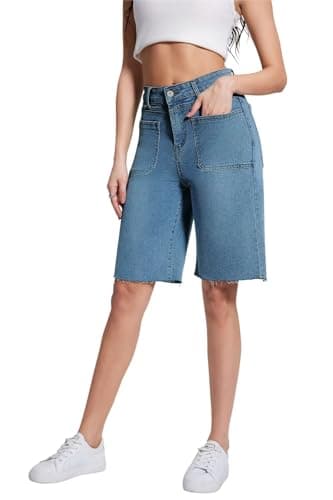 Allimy Women's Denim Cargo Knee-Length Shorts with Pockets